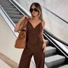 European and American retro brown suspender top and trousers two-piece set women's summer workplace commuter vest set women's clothing