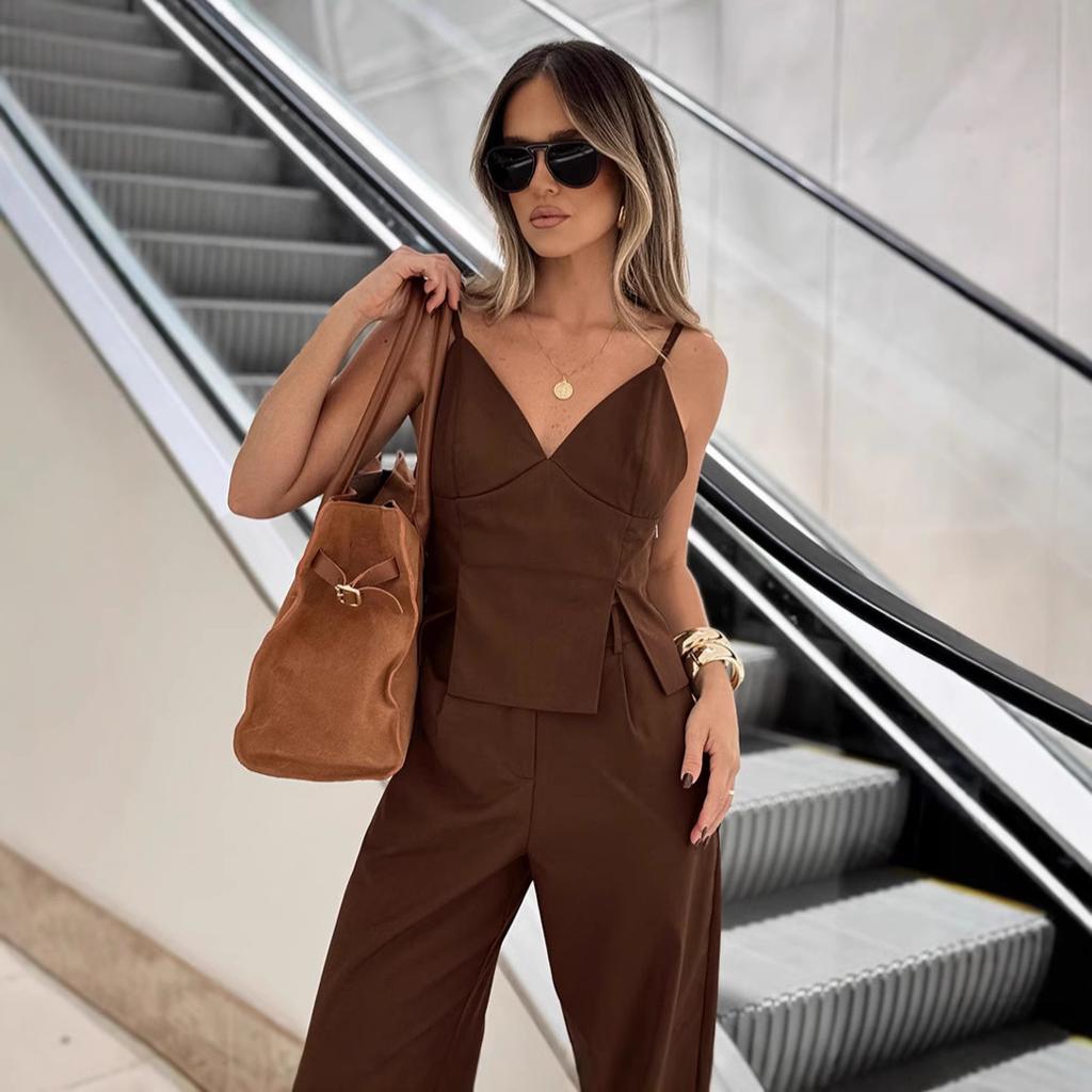 European and American retro brown suspender top and trousers two-piece set women's summer workplace commuter vest set women's clothing