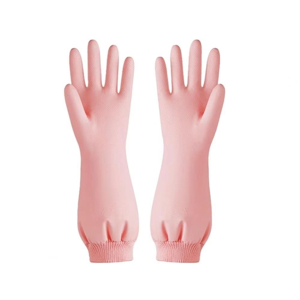 Long Cuff Warm Fleece Gloves Durable Waterproof Dishwashing Gloves Nitrile Tear-resistant Cleaning Gloves Kitchen Use розовый