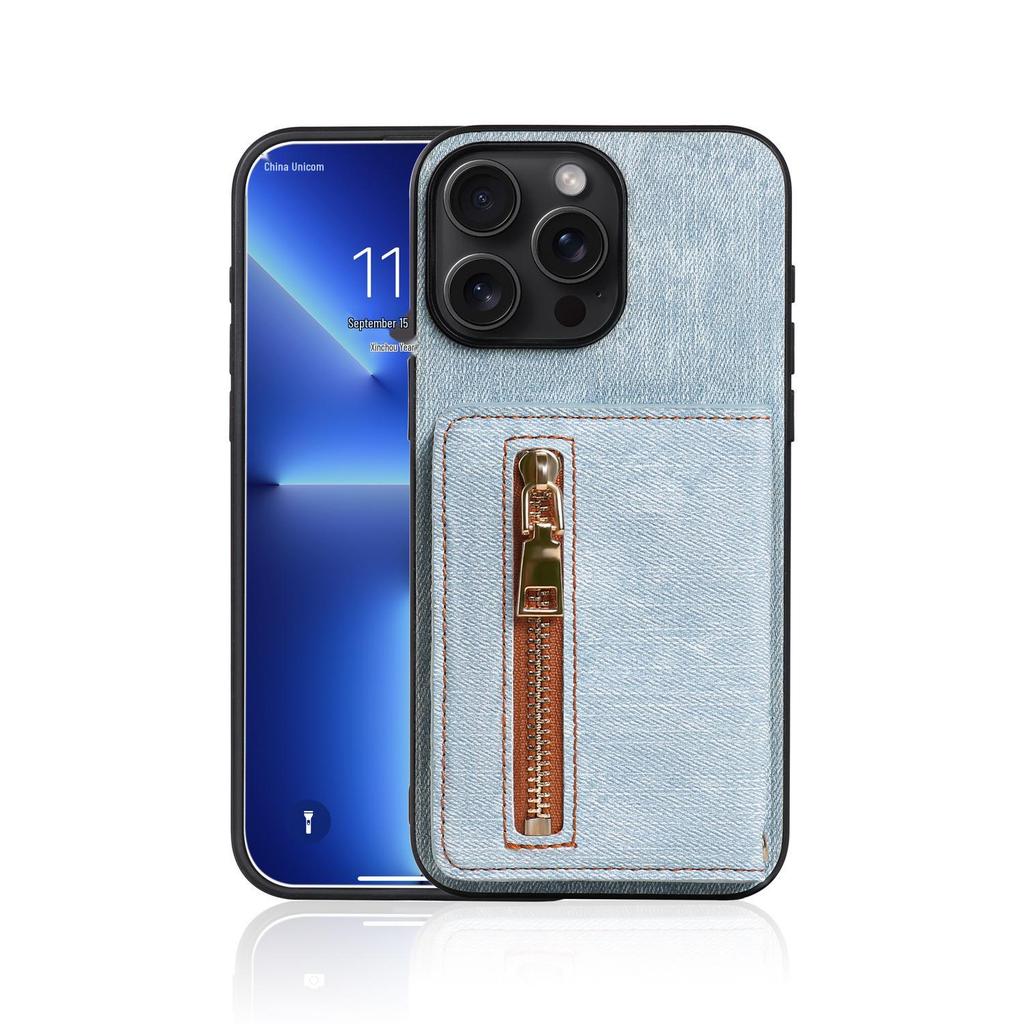iPhone 17 Case with Denim Texture and Zipper Card Holder for Apple 16 Pro Max/15/14
