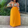 Women V Neck Printed Top Pleated Long Skirt Two Piece Casual Clothing Set