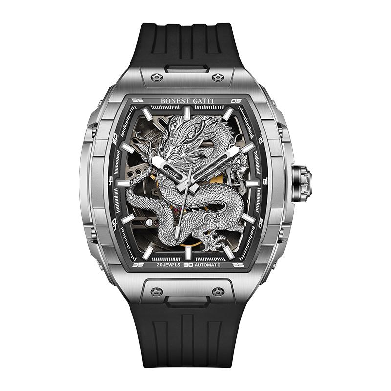 BONEST GATTI Men Fashion Automatic Mechanical Watches Rubber Strap Dragon Dial Luminous Classic Wristwatch for Men