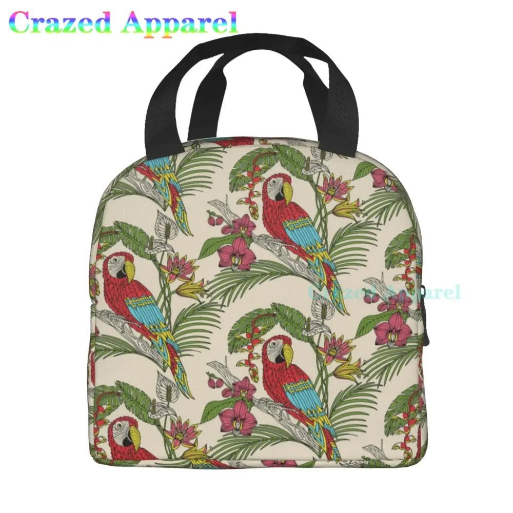 Large Lunch Bag Parrots On Branches Printed Insulated Lunch Box for Women and Men, Portable Lunch Box for Work Picnic Beach