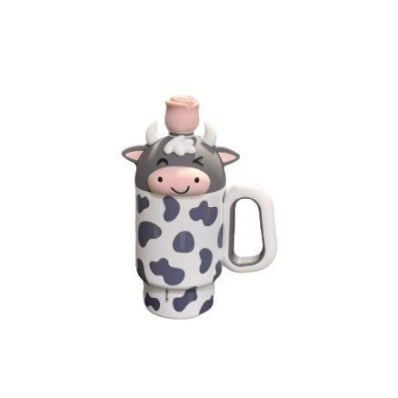 Cute Cow Tumbler Mug with Lid & Handle, 650ml Large Capacity Insulated Cup for Kids, Cartoon Animal Design Coffee Tea Water Bott