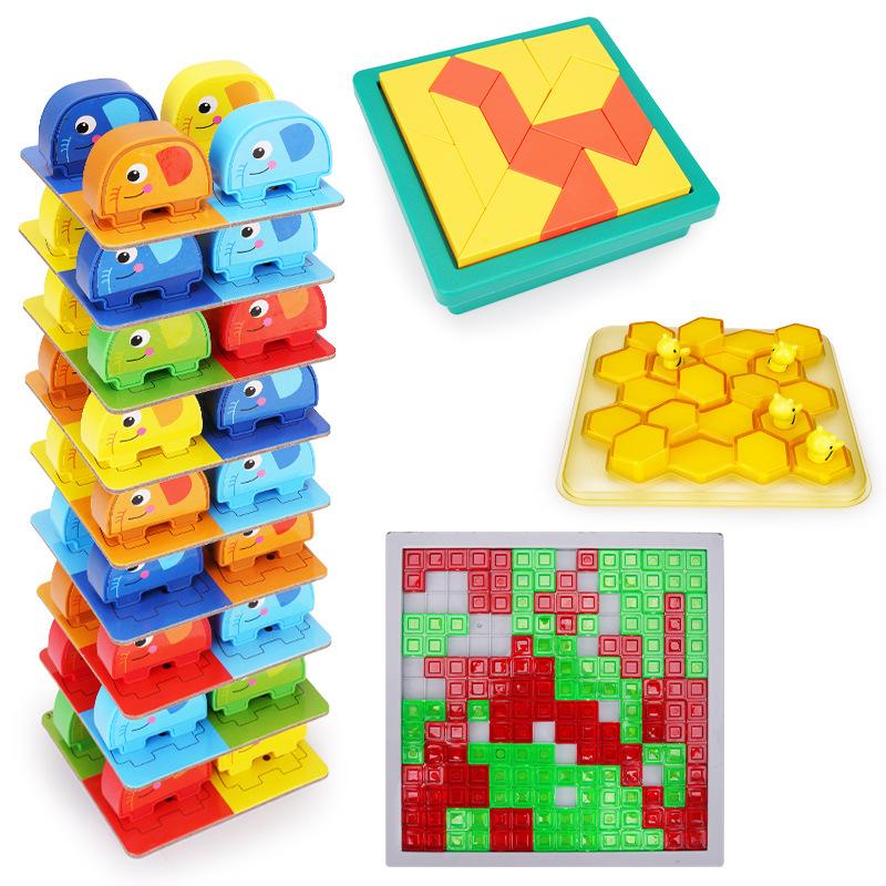 Puzzle pentru copii Joc de masă de interior Tangram Mieră de albine cu pătrate Elefant Turn Jucărie de birou