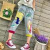 WTEMPO Jeans da donna ricamati a vita elastica con strappi e colore a contrasto, larghi taglie forti, jeans sottili cropped
