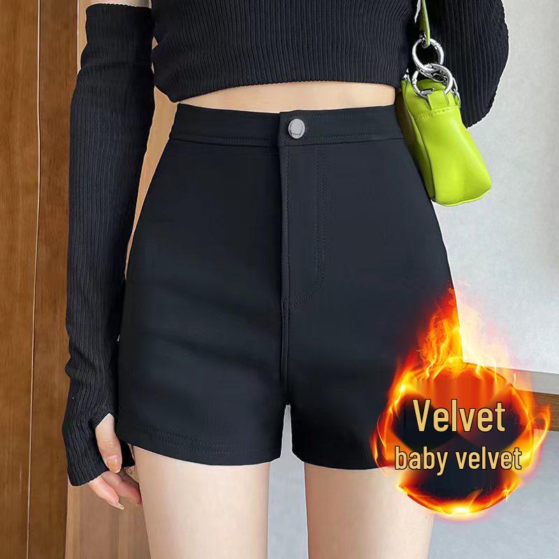 

Зима 2023 Женские черные бархатные шорты с высокой посадкой и стрейчем - Трендовая приталенная верхняя одежда, ботинки, брюки XL чёрный