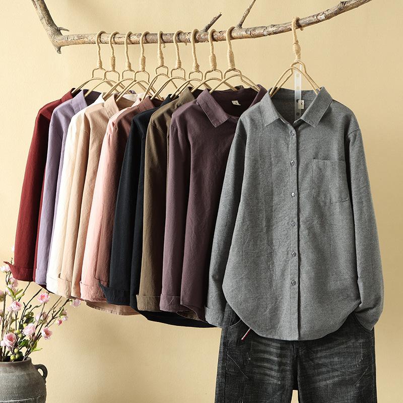 1116 simple style solid color lapel polished cotton long-sleeved shirt women's autumn and winter new versatile thickened bottoming shirt