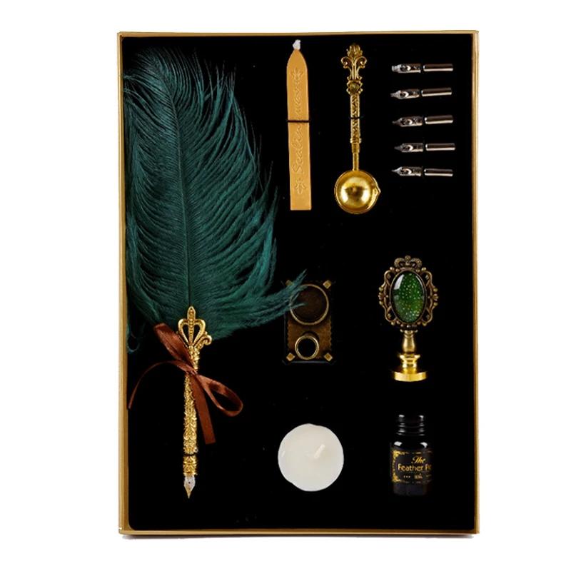 

European Vintage Style Feather Pen Meteal Nib Veer Dip Pens Schrijven Inkt Set Retro Creative Vulpen Zakelijke Office Канцелярські товари зелений