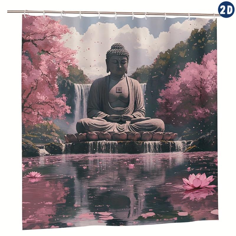 Serene Buddha in Lotus Position Shower Curtain - Pink Sakura & Waterfall Design, Durable Polyester,Ideal for Bath & Window Decor