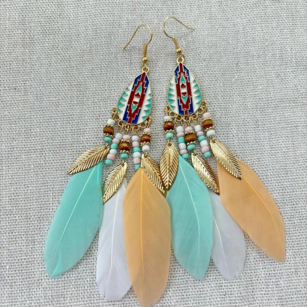Vintage Bohemian Feather Tassel Earrings Exaggerated Ethnic Vacation Dangle Ear Jewelry Fashion Accessories For Women