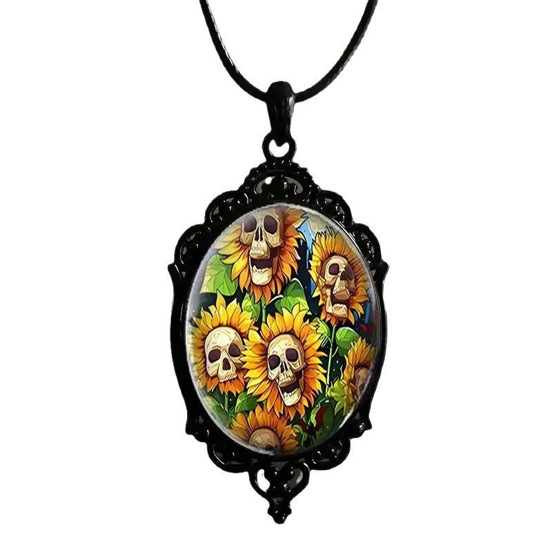 Sunflower Pattern Glass Pendant Necklace With A Stylish Black Frame. One Size жёлтый