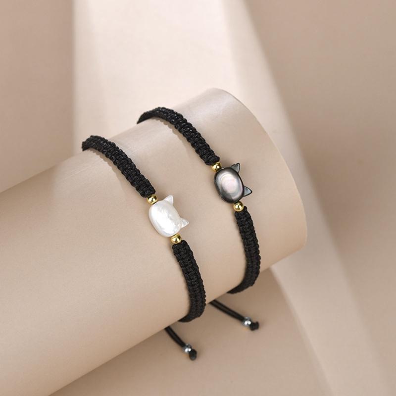 Natural Moonstone Obsidian Bracelet Unique Design Cat Charm Bangle Handwoven Wrist Link Chain Party Accessories for Girl