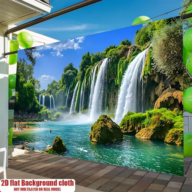Arazzo Scena Cascata Realistica, Cascate Foresta Tropicale con Sfondo Lago Azzurro Chiaro per Fotografia