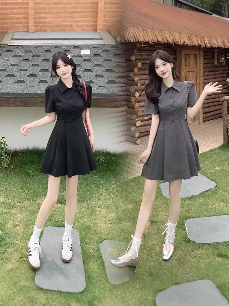 

Women s French Style Summer Waist-Cinching Short Collar Shirt Dress - 2026 Collection M чорний