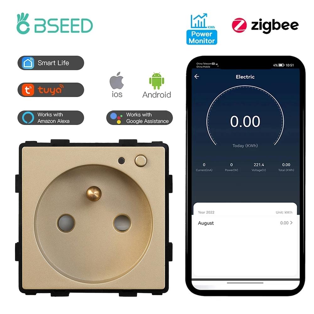 BSEED Zigbee French Socket Power Monitor Smart Plug Tuya Smart Life Alexa App Glass Frames Function Parts  Free Combination