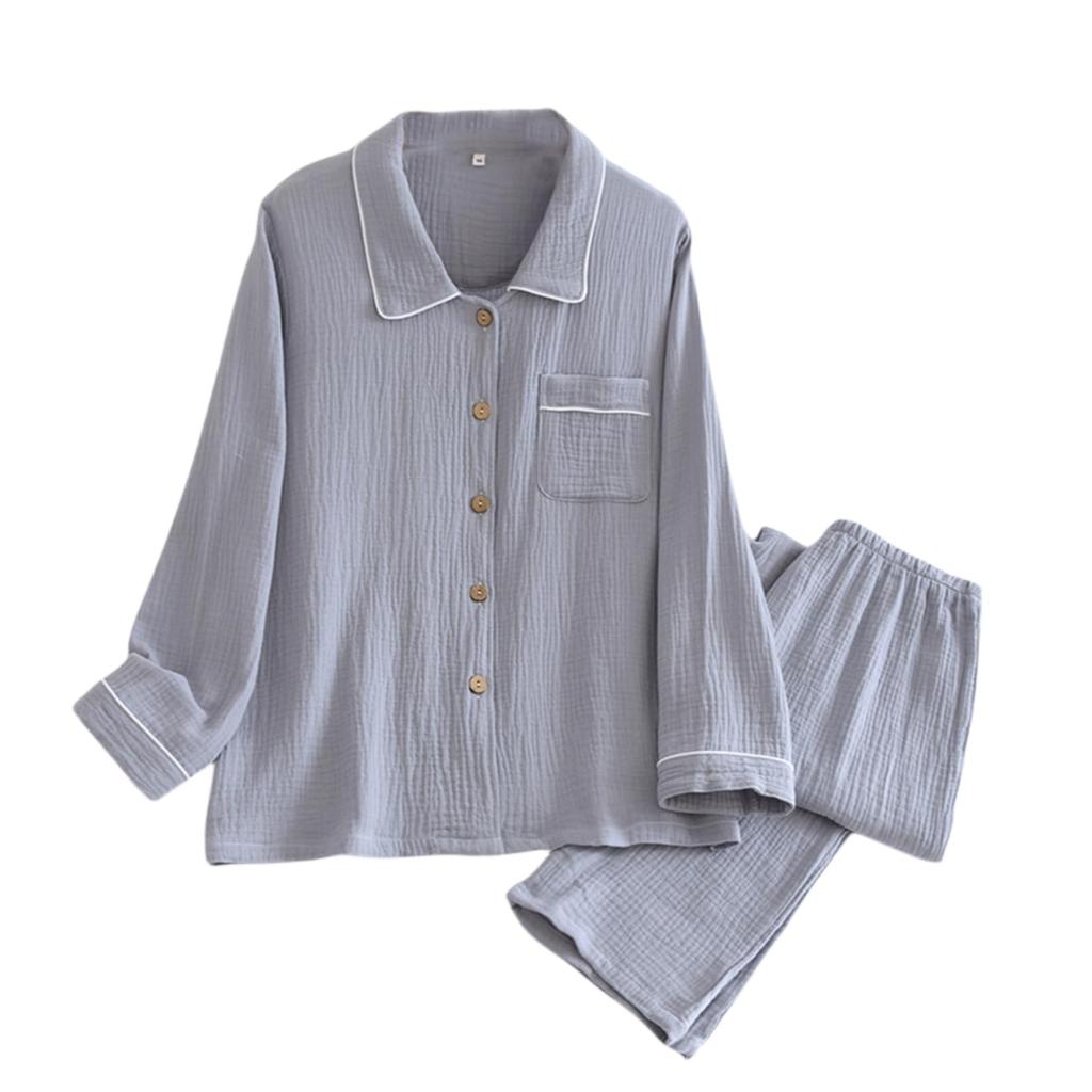 GDenFrog Double Gauze Long Top and Bottom and Gentle on the Suitable for and Winter Women's Pajamas, Loungewear, Sleeve, 100% Cotton, Set,
