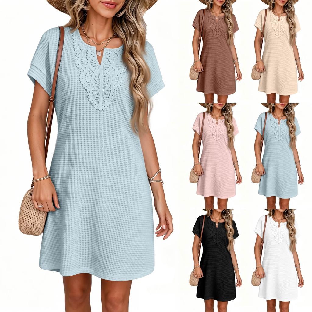 Women's Casual Short Sleeve Dress V Neck Lace Trim Pineapple Texture Summer Spring Tunic Shirt Dress