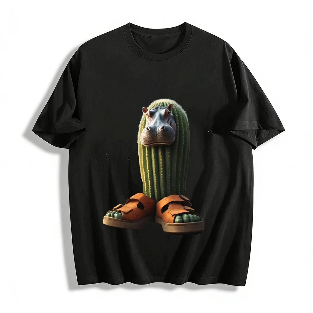 Funny Hippo Cactus Graphic Print Casual Short Sleeve Tee Pure cotton T-shirt XXS