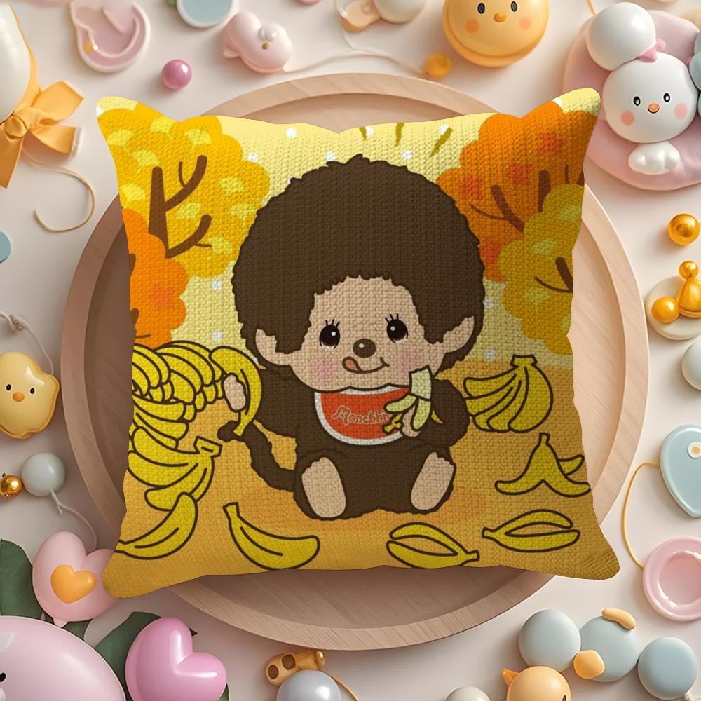Cartoon M-Monchhichis Cushion Cover Linen Organic Fabric Double-Sided Printing Breathable Pillow Case Sofa Home Decor Gift