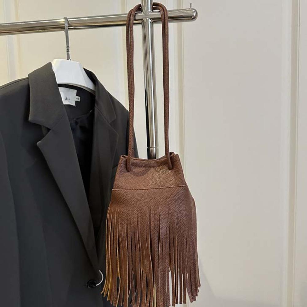 Large Capacity Tassels Bucket Bag Retro Texture Shoulder Pouch Drawstring PU Bag Storage