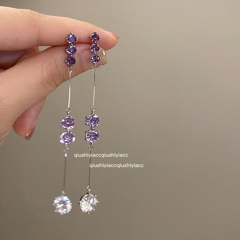 Dream atmosphere gradual change super flash purple zircon pendant long earrings new celebrity temperament earrings