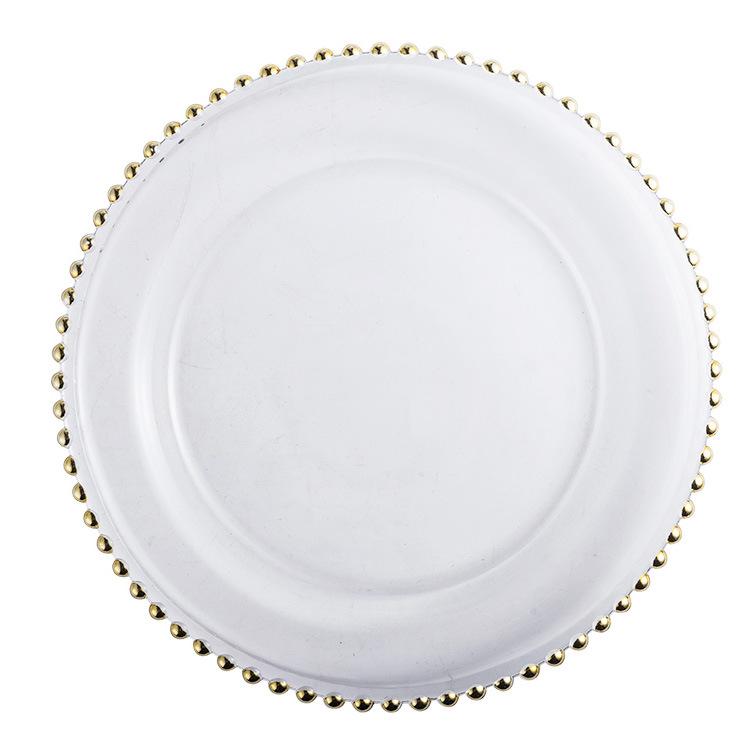 Golden Beads Round Glass Plate Art Dessert Fruit Plate Wedding Display Tray Household Transparent Cooking Dishes Tableware New