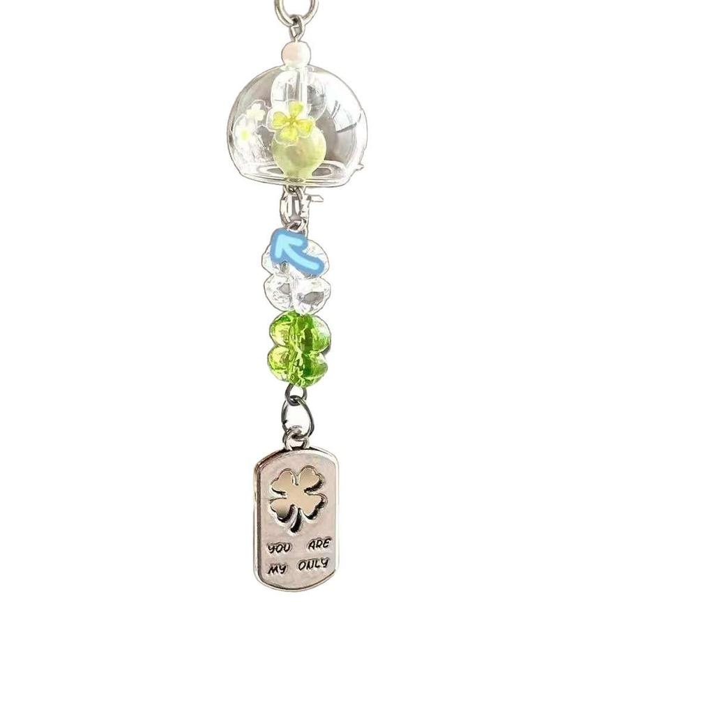 Handmade Glass Four-Leaf Clover Wind Chime Keychain Pendant