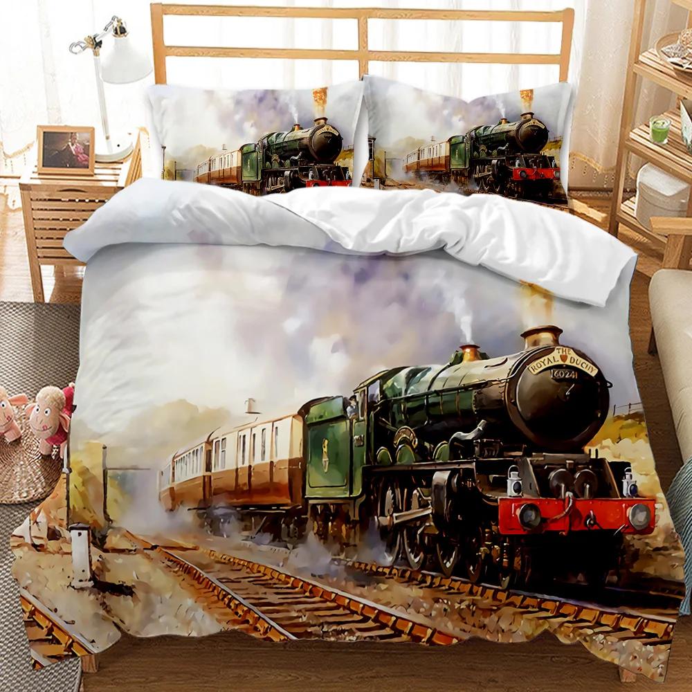 Steam Train Duvet Cover Digital Illustration Of A Locomotive Train On A Steel Railway Track Adventure Art Polyester Qulit Cover