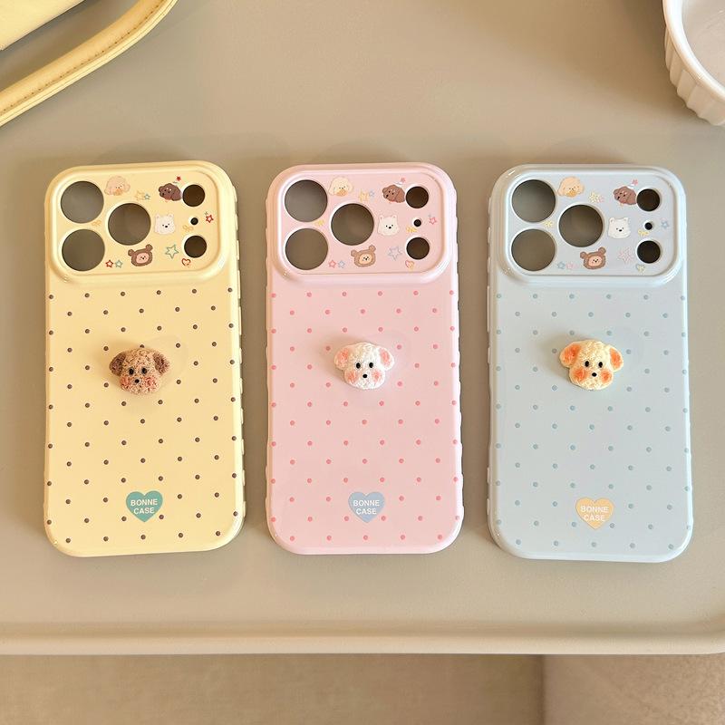 Polka Dots 3D Cartoon Puppy Phone Case For iPhone 17 16 15 14 13 12 Pro Max Candy Colors Shockproof Protective Soft Cover
