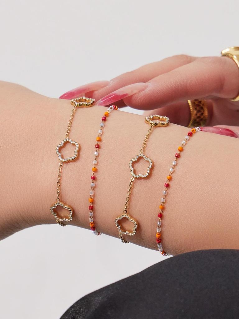 18k Gold Plated Stainless Steel Zirconia Flower Necklace & Bracelet Set with Natural Stone Beads - Light Luxury Jewelry.