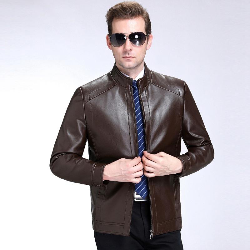 Spring, Autumn and Winter Stand-up Collar Leather Jacket for Men, Korean Style Middle-aged Dad's Casual Motorcycle Wear, Sheepskin Large Size Jacket