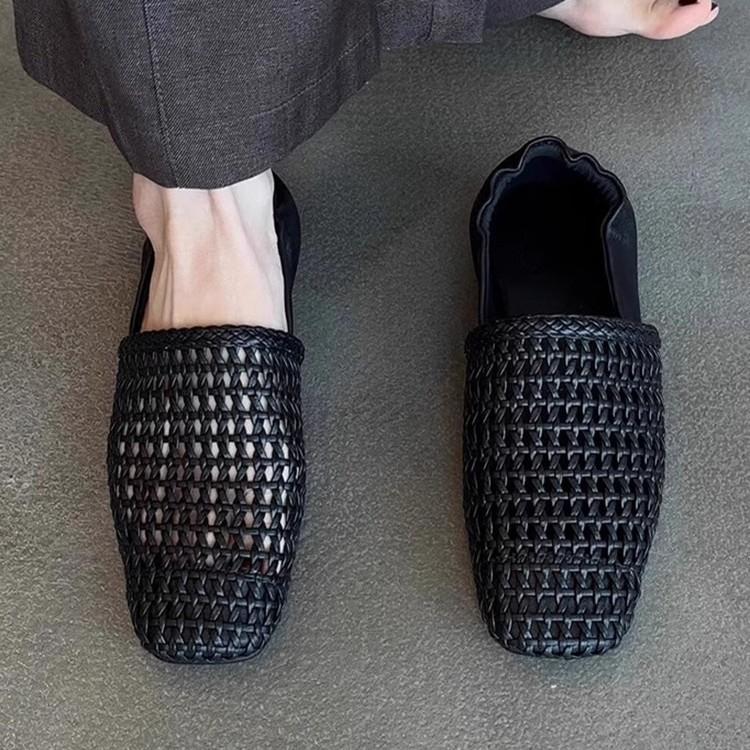 Sheepskin version~ retro one-pedal woven hollow breathable single shoes, children wear genuine leather square head versatile flats