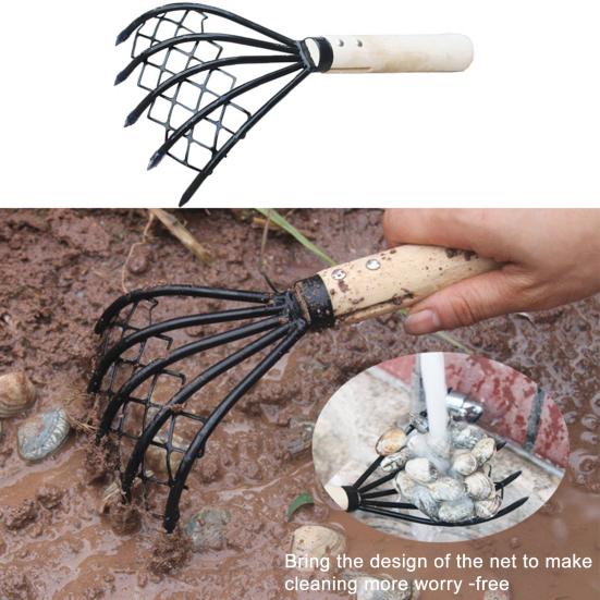 2Pcs/Set Steel Clam Rakes with Wooden Handle Mesh Pocket Seafood Shell Digger Tool Clam Rakes Beach Clamming Accessories