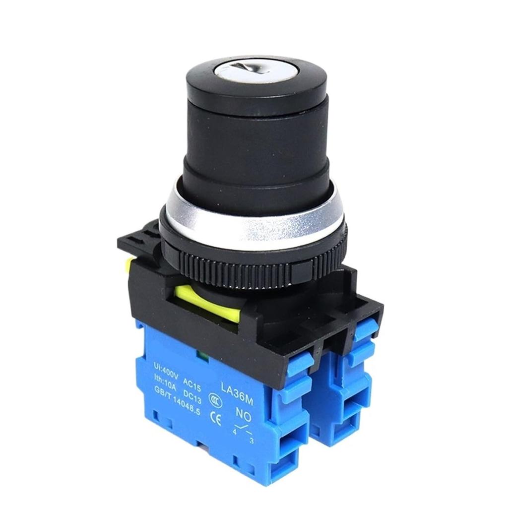 30mm Key Rotary Switch On Off LA36M Latching Self Locking Start Stop Electrical Knob Button Switches 10A 2NO(2 Position-1NO)