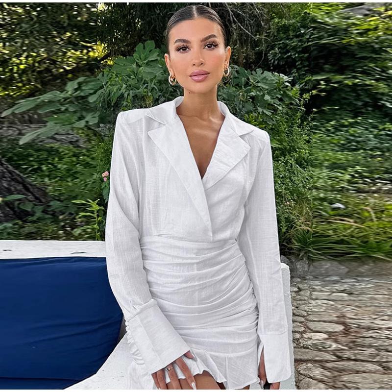 White Ruffled Fashion Mini Dress Women's Patchwork V-Neck Elegant High Waist Pleated Party Dress Female Y2k Bodycon Dresses