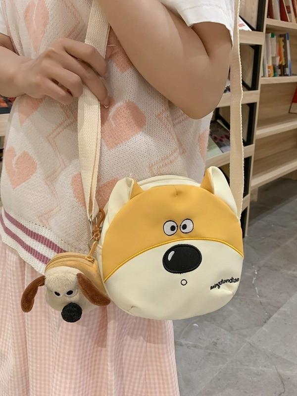 Nylon Cartoon Dog Shoulder Bag For Girls With Zipper Closure And Mobile Pocket