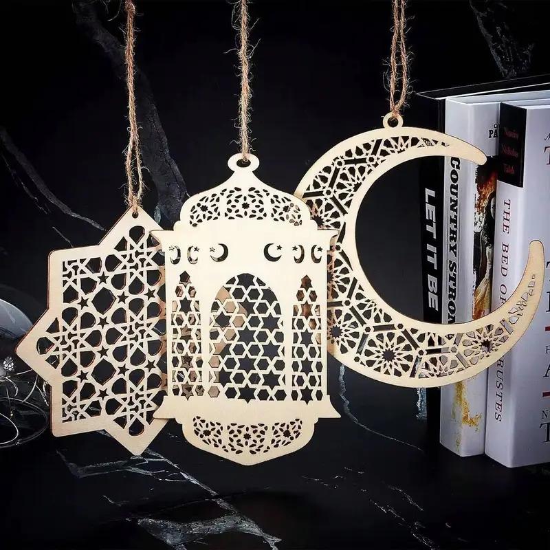 3 PCS Ramadan Hollow Wooden Pendant - Moon Star Wind Light Shape Ornament, Happy Eid Hanging Sign, Festival Decoration