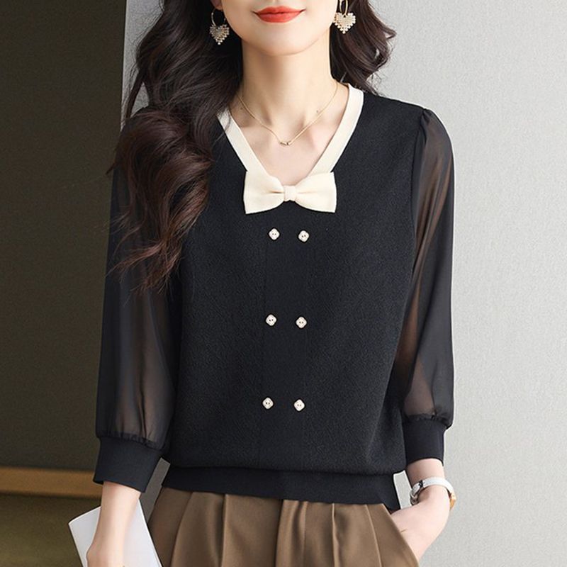 Bow Medium-sleeved Women's Spring and Summer New Chiffon Seven-quarter-sleeved Knitted Top To Cover the Belly and Show Thinness