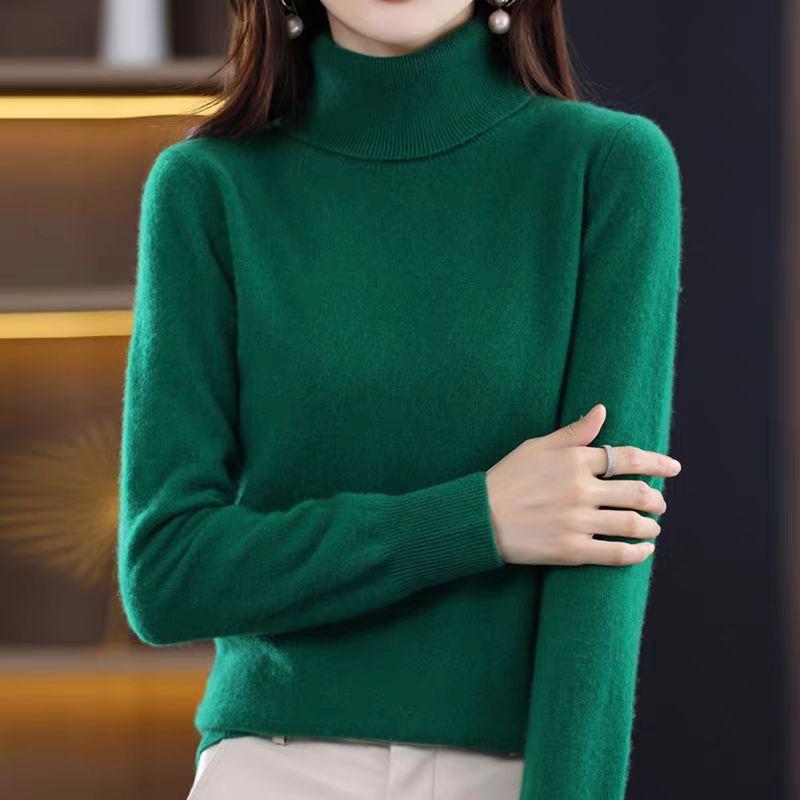 Turtleneck Cashmere Sweater for Women's Spring Autumn and Winter Casual Long-sleeved Pullover Solid-color Knitted Sweater and Slim Lapel Top