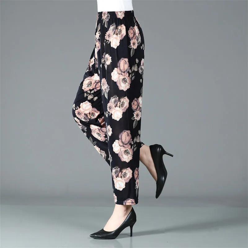 WTEMPO Summer Mom Elastic High Waist Casual Stretchy Cropped Pants Women Large Size Loose Printed Thin Trousers