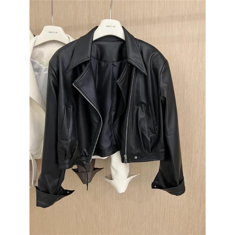 Women's Oversized Faux Leather Jacket Lapel Zipper Short Motorcycle Style Coat Casual Streetwear