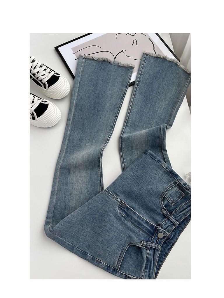 Women's High Waist American-Style Retro Flared Jeans - Elastic Slim Straight Horseshoe Trousers with Raw Edge Finish