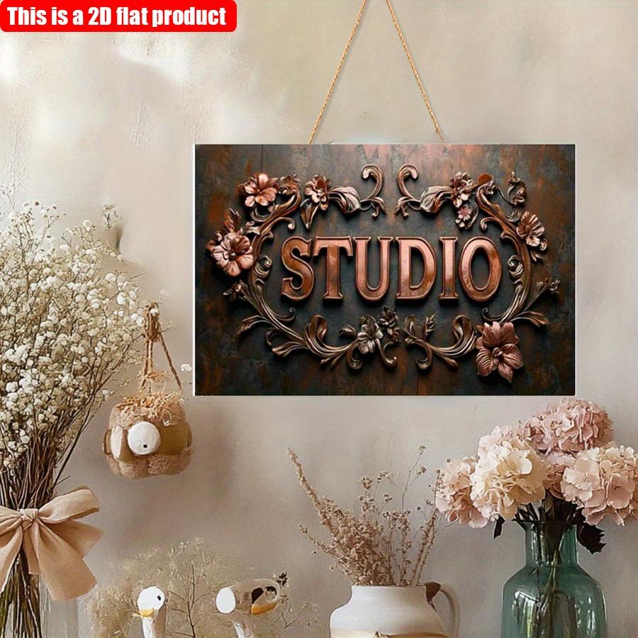 2D Flat 30*20cm "STUDIO" Vintage Style Wooden Decorative Sign, Exquisite Flower Patterns Wooden Wall Hanging Plaque, Suitable Film Studio, Recording