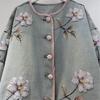 Spring new design sense fashionable round neck contrasting color hemming beaded flower short long-sleeved denim jacket