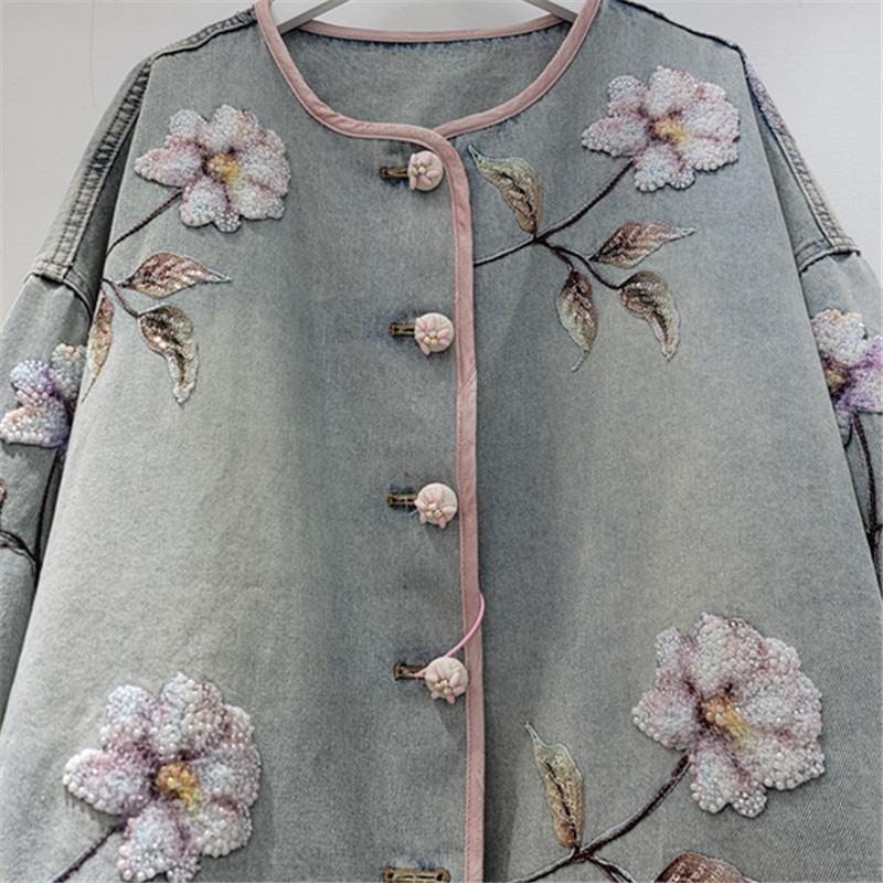 Spring new design sense fashionable round neck contrasting color hemming beaded flower short long-sleeved denim jacket