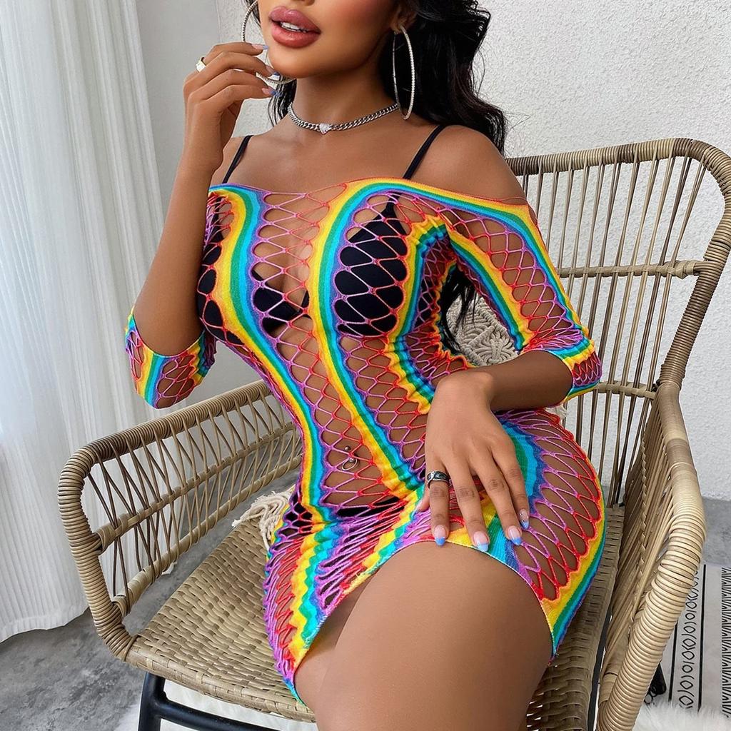 Women's Plus Size Lingerie Women Sexy Lingerie High Elastic Mesh Rainbow Swimsuit Hollow Fishing Net Sexy Tight Color