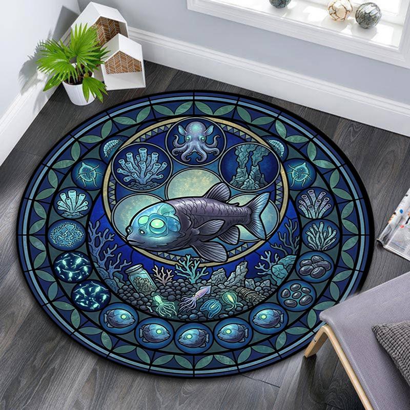 Ocean Life Glass Round Area Rug Under Office Chairs Bedroom Living Room Home Decor