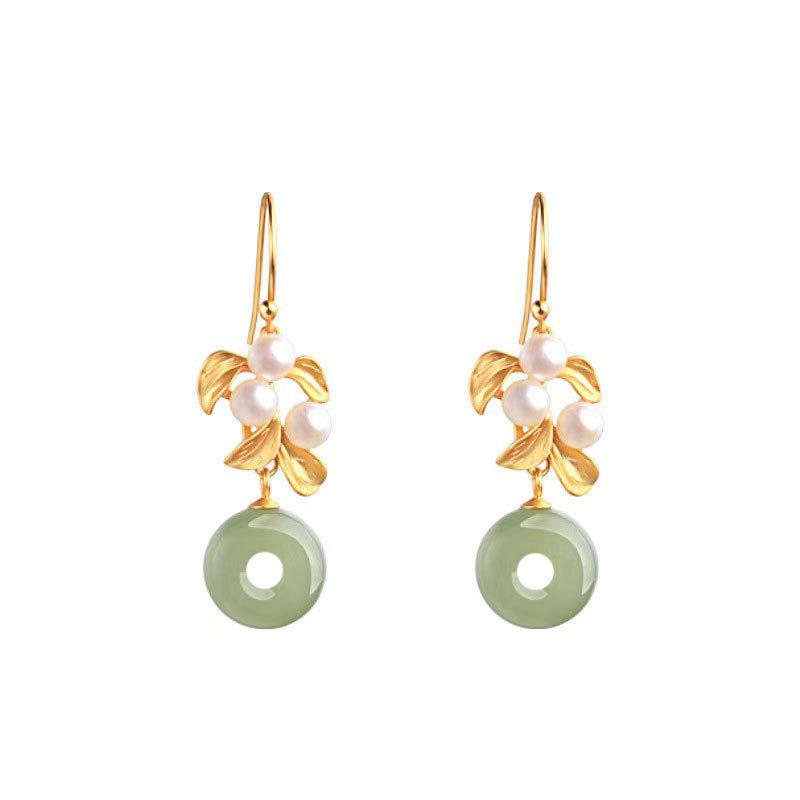 Light Luxury High-End Imitation Hetian Jade Earrings, Ancient Gold Safety Buckle, Chinese Style Earrings, Retro Temperament Hanfu Earrings.