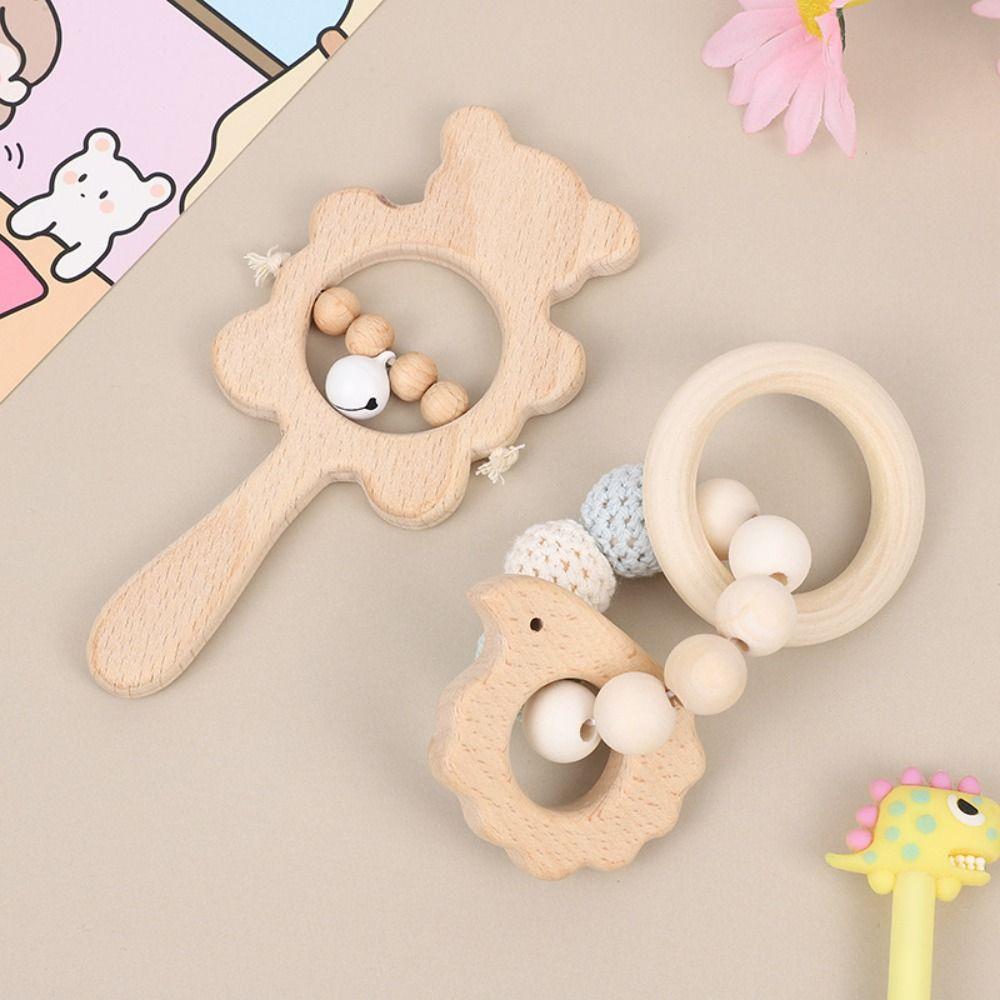 Anti-lost Wooden Baby Rattle Toy Cartoon Bear Wooden Rings Toy Handbell Rattle Toy  Kids